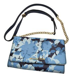 Michael Kors MK Jet Set Blue Floral Crossbody Clutch Wallet Purse Chain Strap